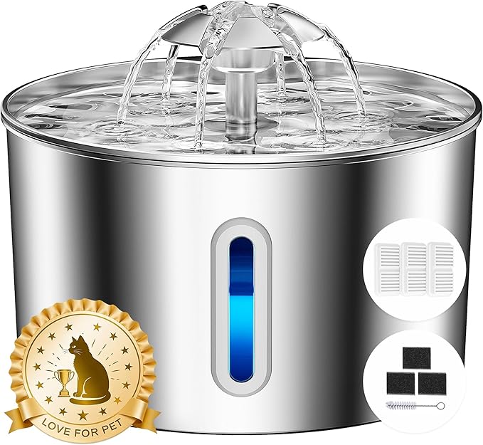 Example productCat Water Fountain Stainless Steel - 74oz/2.2L Pet Gift Dog Water Dispenser Automatic Silent Cats Dispenser for Drinking Indoor Metal Kitty Spout Fountains with 3 Filters &amp; 3 Sponges Cat Dogs Gifts